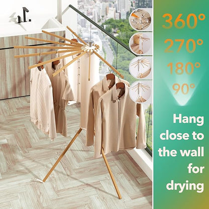 Tripod Clothes Drying Rack, Laundry Drying Rack for Clothing, Foldable Collapsible Space-Saving Umbrella Dryer with 16 Rods, Floor Standing Rack for Indoor Outdoor Use, Wooden