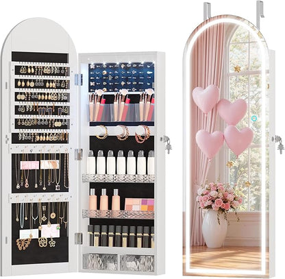 LVSOMT Wall Mounted Jewelry Organizer Lockable, 43"x16" Door Hanging Arched Mirror with Lights and Jewelry Storage, 6 LEDs Jewelry Cabinet (White)