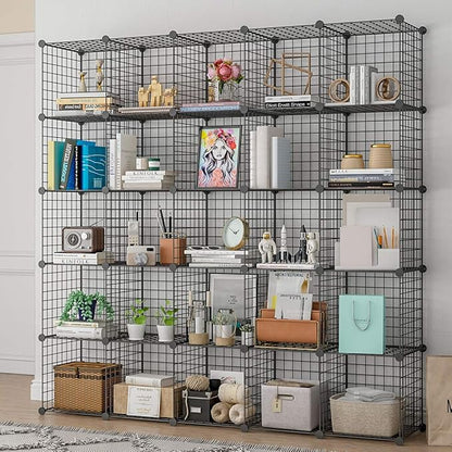 KOUSI DIY Wire Cube Storage, Modular Metal Shelf, Cubby Shelving, Stackable Grid Organizer, 25 Cube, Black