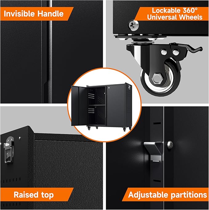 Heavy Duty Steel Metal Storage Cabinet with Wheels, Locking Doors and Adjustable Shelves - Black, Ideal for Garage, Warehouse, Office, School, Home