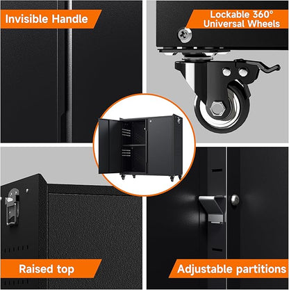 Heavy Duty Steel Metal Storage Cabinet with Wheels, Locking Doors and Adjustable Shelves - Black, Ideal for Garage, Warehouse, Office, School, Home