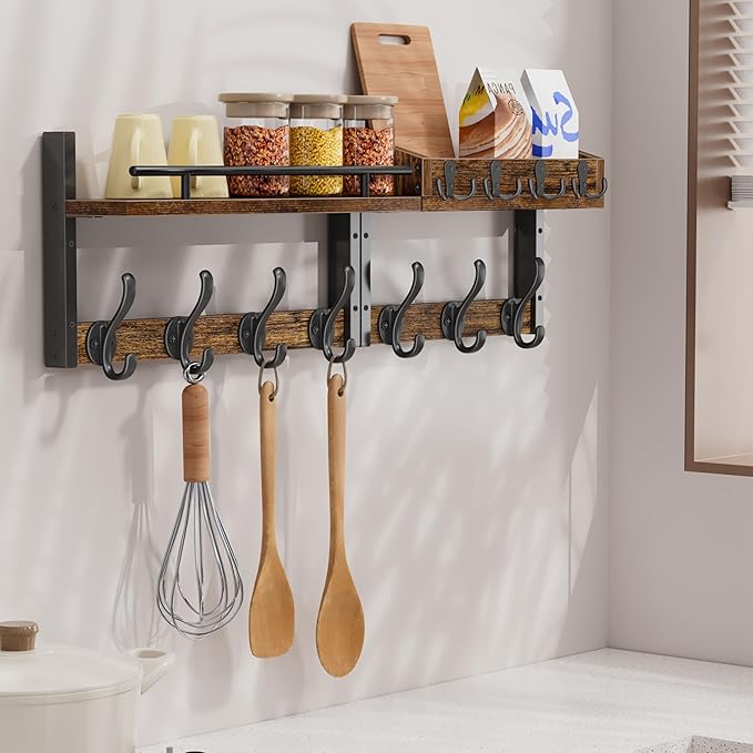 29 inch Coat Rack Wall Mount with Shelf, Set of 2 Entryway Wall Shelf with Hooks, Heavy Duty Coat Hanger Wall Mount with Key Holders and Mail Organizer for Living Room, Bedroom, Black & Brown