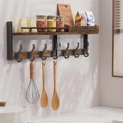 29 inch Coat Rack Wall Mount with Shelf, Set of 2 Entryway Wall Shelf with Hooks, Heavy Duty Coat Hanger Wall Mount with Key Holders and Mail Organizer for Living Room, Bedroom, Black & Brown