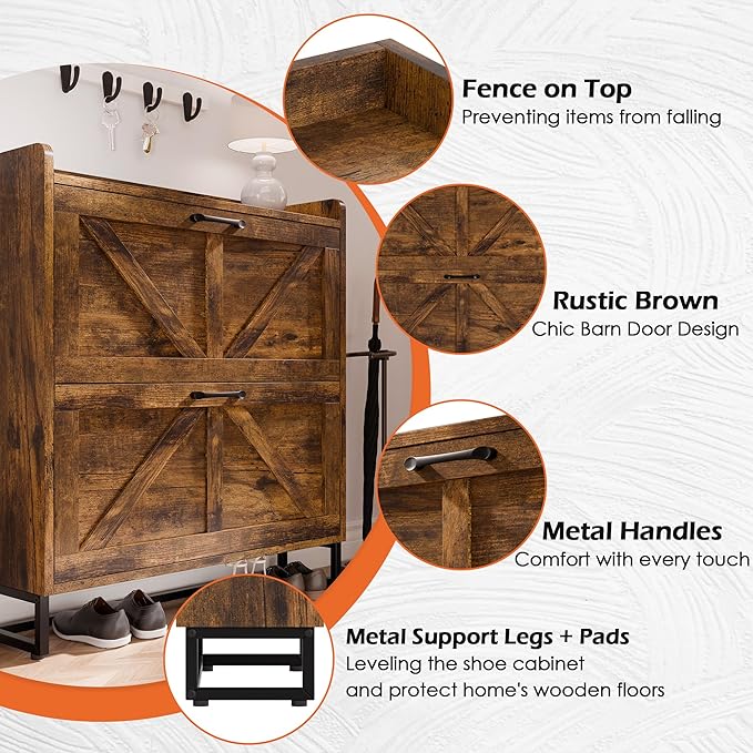 Betterhood Entryway Shoe Cabinet with 2 Flip Drawers, Farmhouse Slim Shoe Rack, Freestanding Hidden Shoe Organizer with Metal Legs, Shoe Cabniet for Entryway with Storage, Hallway, Foyer, Brown