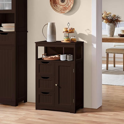 Yaheetech Wood Bathroom Floor Cabinet with 3 Drawers &1 Cupboard, Free Standing Storage Organizer Hallway Entryway Cabinet for Living Room Kitchen, Espresso