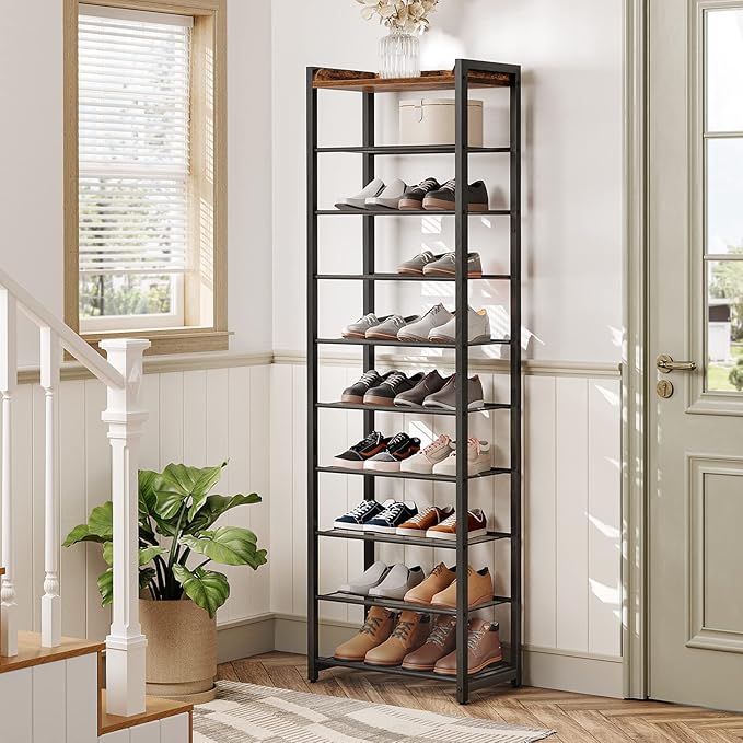 HOOBRO 10-Tier Shoe Rack, 20.5" L Shoe Storage Organizer, Narrow Shoe Shelf, Saving Space, Stable and Sturdy, Hold 18-20 Pairs of Shoes, for Entryway, Hallway, Living Room, Rustic Brown BF40XJ01