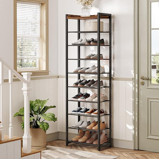 HOOBRO 10-Tier Shoe Rack, 20.5" L Shoe Storage Organizer, Narrow Shoe Shelf, Saving Space, Stable and Sturdy, Hold 18-20 Pairs of Shoes, for Entryway, Hallway, Living Room, Rustic Brown BF40XJ01