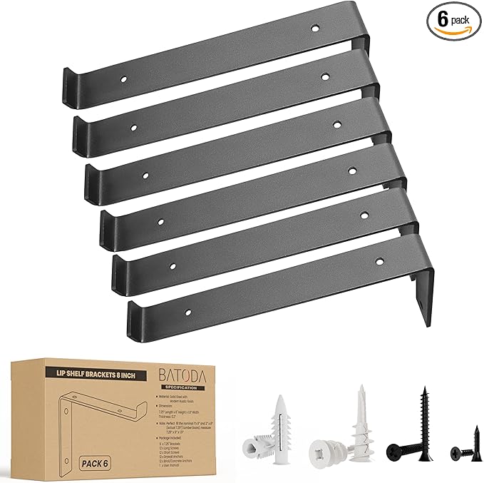 BATODA 8” Shelf Brackets with Lip (Match 7.25" Board) - 6 Pcs Z Shelf Bracket Black - Heavy Duty Hook Brackets for Shelves - Wall Mounted Support for DIY - Shelving Hardware Included (Pack 6)