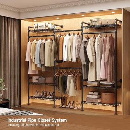 P3 Industrial Pipe Closet System, Wall Mounted Garment Racks with 4 Telescopic Rods & 6 Mesh Shelves, Heavy Duty Clothing Clothes Rack for Walk-in Closets (Black)
