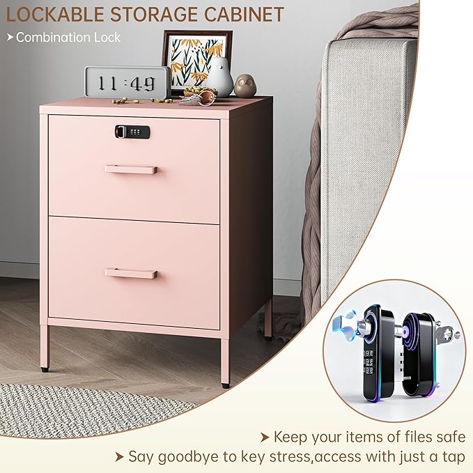 2 Drawer End Side Table with Lock Metal Nightstand, Lockable Storage Cabinet Kids Cabinet for Living Room, Bedroom, Dorm, 21.26”H X 15.75”W X 15.75”D (2 Drawer, Pink)