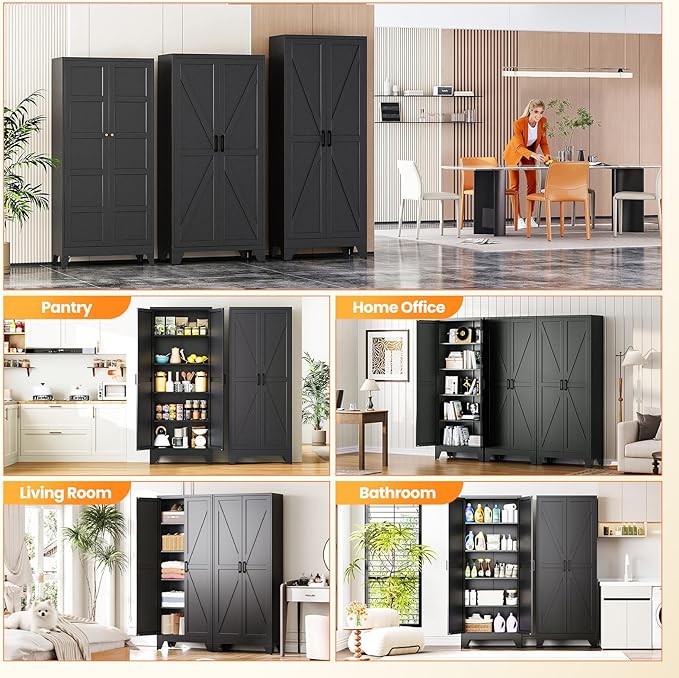 Metal Black Storage Cabinet with 2 Doors and 4 Adjustable Shelve, 72" Tall Kitchen Pantry cabinets, Farmhouse Food Pantry Cabinet,5 Tier Freestanding Barn Door Cupboard for Kitchen Dining/Living Room