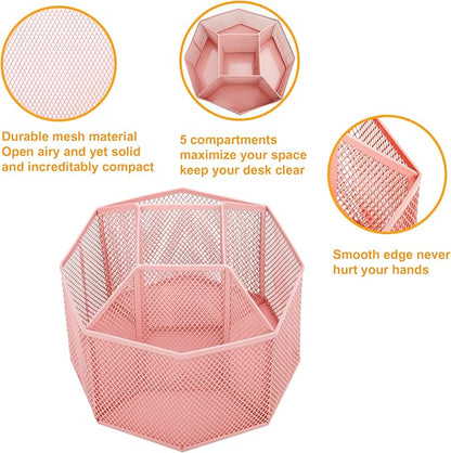 Annova Mesh Desk Organizer Rotate with 5 Compartments Spinning Tidy Candy/Pen Holder Office, Art Supply, Storage, Classroom, Home (Light Pink)