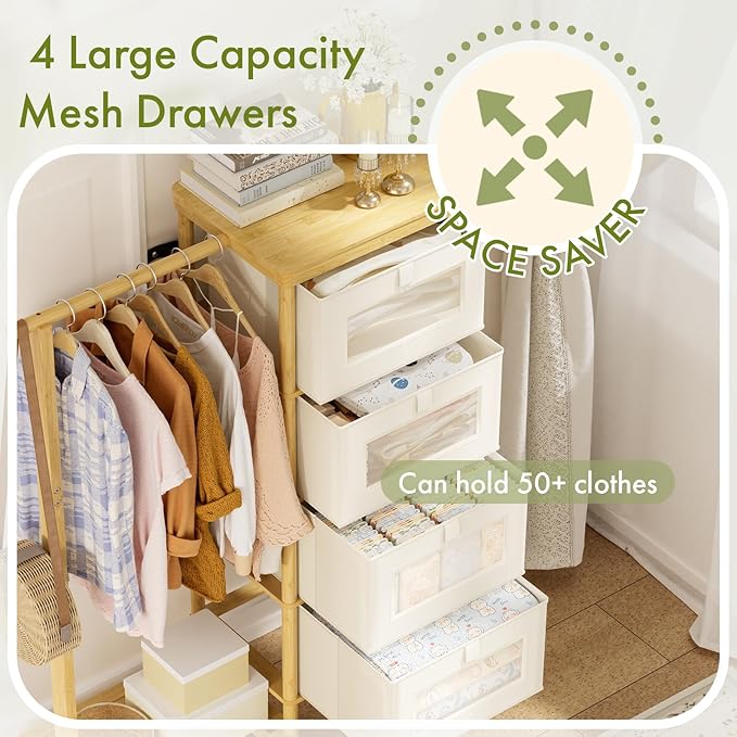 Bamboo Dresser with Hanging Rack, 4-Drawer Small Closet Organizer for Bedroom, Tall Storage Tower with Clothes Rack, Natural Wood 41.4" H x 31.3" W–Space-Saving Design, Easy Assembly