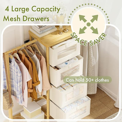Bamboo Dresser with Hanging Rack, 4-Drawer Small Closet Organizer for Bedroom, Tall Storage Tower with Clothes Rack, Natural Wood 41.4" H x 31.3" W–Space-Saving Design, Easy Assembly