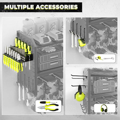 KAFAHOM Power Tool Organizer with Charging Station, Built in 8 Outlet Power Strip,Large 8 Drill Holder Wall Mount, Heavy Duty Metal Power Tool Storage Rack Tool Shelf for Garage Organization Black