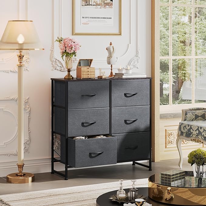 WLIVE Fabric Dresser for Bedroom, 6 Drawer Double Dresser, Cloth Dresser with Fabric Bins, Chest of Drawers for Closet, Living Room, Hallway, Dark Grey