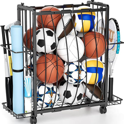 Sports Equipment Garage Organizer,Garage Ball Storage Rack for Sports with Wheels-Upgraded Sports Organizer Rack Outdoor Basketball Racks for Balls with Holder and Hooks (Deep Black)