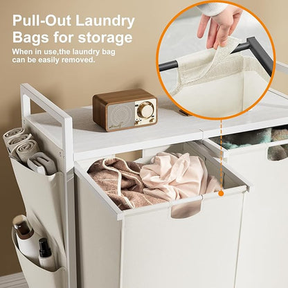 WOWLIVE Double Laundry Hamper with Lid,Rolling Laundry Basket Organizer with Wheels, Iron-Made Laundry Sorter with Top Shelf and 2 Removable Bags,Large Clothes Storage for Room,White