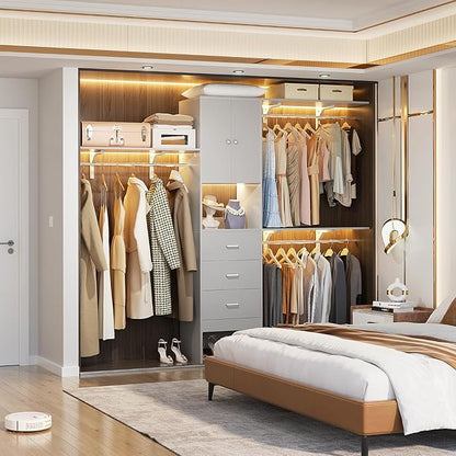 Armocity 96 Inches Closet System with Doors, 8FT Walk In Closet Organizer with 3 Shelving Towers, Heavy Duty Clothes Garment Rack with 3 Wood Drawers, 96" L x 16" W x 80" H, Max Load 1000 LBS, Grey