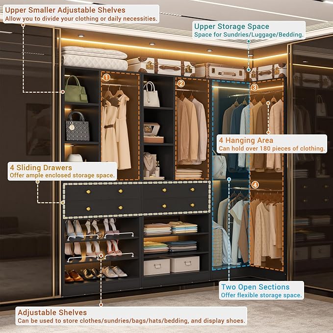 Closet System with 4 Drawers and Hanging Rods, 59.5"L / 87"L Closet Organizer System with Corner Tower, L Shaped Walk-in Closet System, Corner Closet System with Shelves, Set of 3, Black