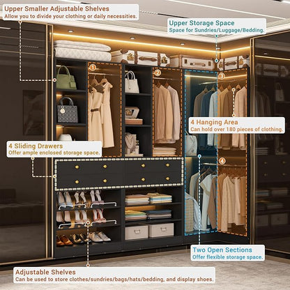 Closet System with 4 Drawers and Hanging Rods, 59.5"L / 87"L Closet Organizer System with Corner Tower, L Shaped Walk-in Closet System, Corner Closet System with Shelves, Set of 3, Black