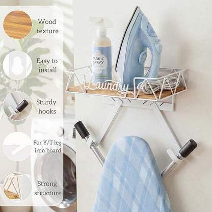 PERFNIQUE Ironing Board Holder, Iron Board Wall Mount, Ironing Board Hanger, Laundry Room Organization with Removable Hooks(T&V Shaped), Wooden Base Basket, Laundry Room Decor(Laundry, White)