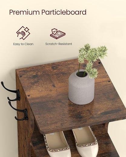 VASAGLE 7-Tier Vertical Shoe Rack, Narrow Shoe Storage Organizer with Hooks, Slim Corner Tower Shelf, Space-Saving for Entryway and Bedroom, Rustic Brown ULBS200KD01