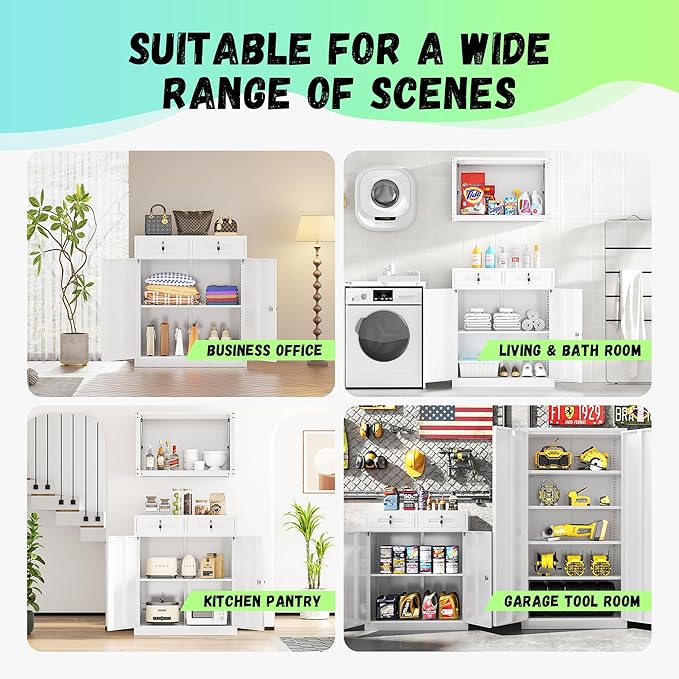 Bonusall Garage Storage Cabinet with 2 Drawers,36" Metal Office Cabinets with Doors and Shelves,Steel Cabinet for Home Office,School,Warehouse(White)