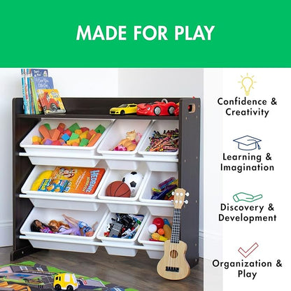 Humble Crew Toy Storage Organizer with Top Shelf and 9 Removable Bins, Espresso/White – Toddler Bookshelf with Toy Organizer - Modern Toy Rack Ideal for Kids' Rooms, Playrooms, and Nurseries