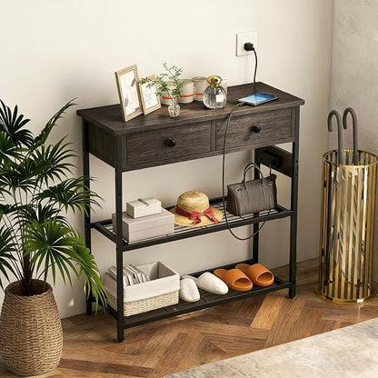 GOFLAME Console Table with Power Outlet, Narrow Entry Table with Drawers, 2 AC Outlets & 2 USB Ports, Sofa Table for Living Room Behind Couch, Living Room, Foyer, Grey Oak