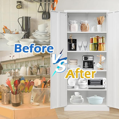 Metal Storage Cabinet, 71”H Locking Storage Cabinet with 5 Adjustable Shelves, Steel Cabinets for Garage, Home, Office, Pantry (White)