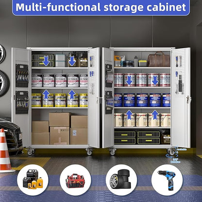 Extra Deep & Wide Metal Garage Storage Cabinet with Wheels, Magnetic Doors & Pegboard, 72" Tall Rolling Tool Organizer with 2 Tool Pouches & 4 Adjustable Shelves, Black, 43.3''W x 22''D x 72''H