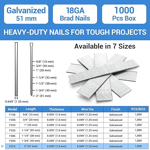 meite 18 Gauge Brad Nails, 2 Inch 18GA Brad Nails Galvanized Small Finishing Nail Gun Nails for Pneumatic, Electric Brad Nailer Gun (1,000 Counts)