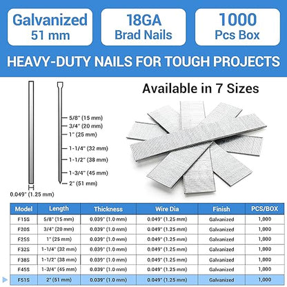 meite 18 Gauge Brad Nails, 2 Inch 18GA Brad Nails Galvanized Small Finishing Nail Gun Nails for Pneumatic, Electric Brad Nailer Gun (1,000 Counts)