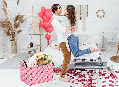 KUNRO Rectang Heart Valentine's Storage Basket Gift Shelf Basket Storage Bin, Nursery Basket Organizer Box for With Handles for Room Deco