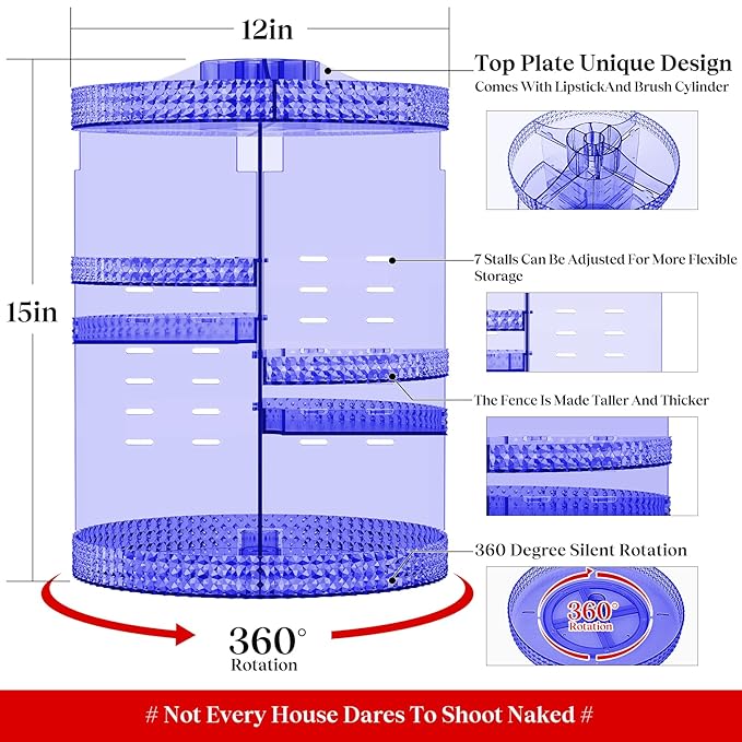 360 Large Rotating Makeup Organizer Countertop, Blue Acrylic Makeup Organizers, Organizador De Perfumes, 7 Layers Large Make Up Organizer, Huge Storage Fits for Vanity and Bathroom - Plus Size Blue