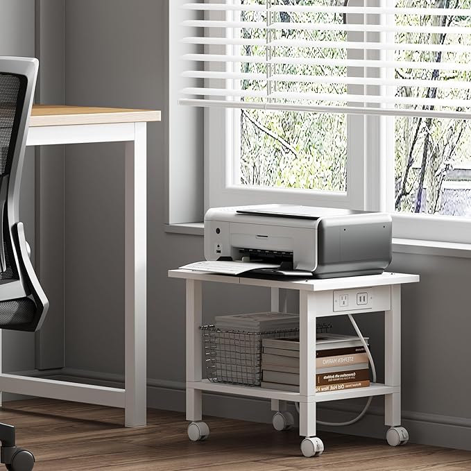 TUTOTAK 2 Tier Printer Stand, Rolling Printer Cart with Power Outlets and USB Ports, Mobile Printer Table with Wheels, for Under Desk, Office, Home, White PS01BW001P
