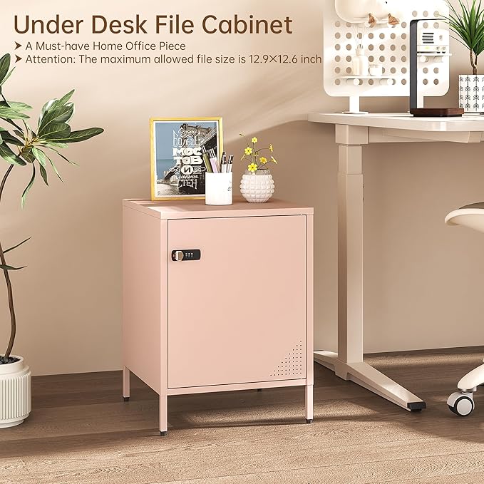Metal End Table Single Door Bedside Nightstand Lockable Storage Cabinet Kids Locker for Living Room, Bedroom, Dorm,Home, Office 21.26”H X 15.75”W X 15.75”D (1 Door, Pink)