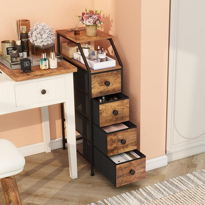 Tohomeor Narrow Dresser Tall Skinny Storage Tower Vertical Slim Chest of Drawers with Charging Station Small Nightstand Side Table for Bedroom, Bathroom, Small Spaces (Rustic Brown, 4 Drawers)