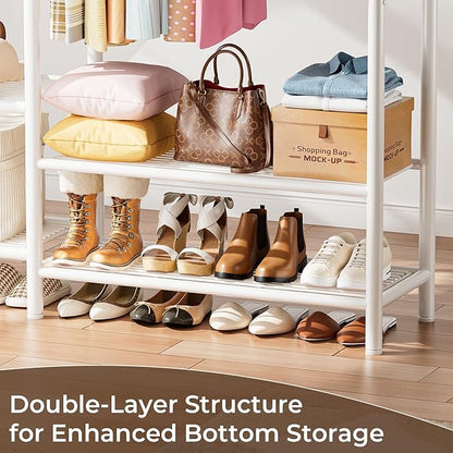 Heavy Duty Clothes Rack with 5 Tiers Shelves, Max Load 670LBS, Portable Freestanding Multi-Functional Metal Clothing Rack with Hanging Rods Organizer System for Bedroom Closet Wardrobe, White