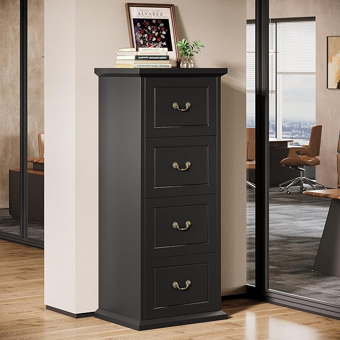 Tribesigns 4-Drawer File Filing Cabinet, Vertical File Cabinet Office Wood Filing Cabinet for A4 / Letter Size Narrow Tall File Storage for Home Office, Black