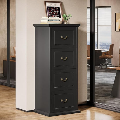 Tribesigns 4-Drawer File Filing Cabinet, Vertical File Cabinet Office Wood Filing Cabinet for A4 / Letter Size Narrow Tall File Storage for Home Office, Black