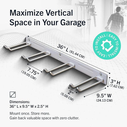 StoreYourBoard Wall-Mounted Rack With 4 Garage Hooks – Heavy-Duty Steel Holder Garage & Garden Storage for Shed, Workshop, or Home Organization – For Rakes, Shovels, Tools & More – 2 Pack, Gray