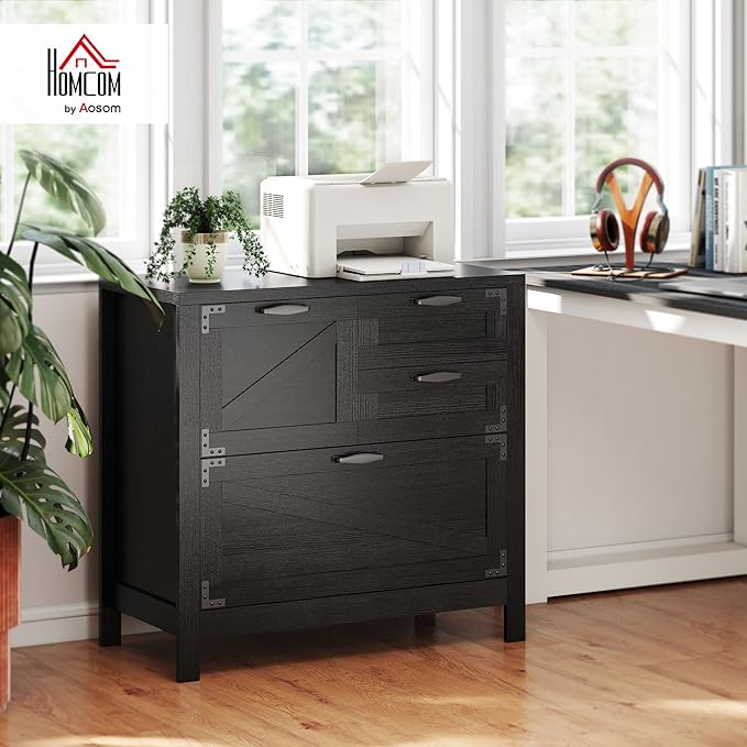 HOMCOM 4 Drawer File Cabinet, Farmhouse Lateral Filing Cabinet with Adjustable Hanging Rails for Letter/A4/Legal Size Files, Printer Stand for Home Office, Black