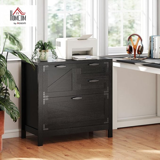 HOMCOM 4 Drawer File Cabinet, Farmhouse Lateral Filing Cabinet with Adjustable Hanging Rails for Letter/A4/Legal Size Files, Printer Stand for Home Office, Black