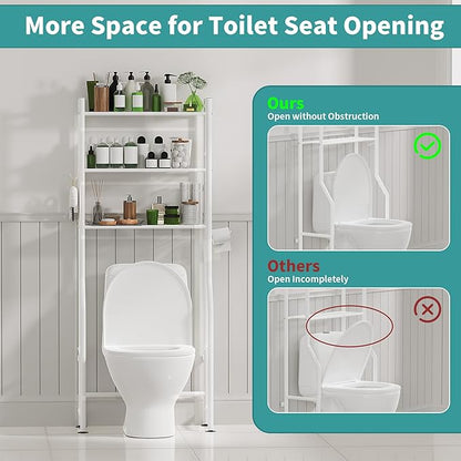 3-Tier Over The Toilet Storage with Paper Holder, Metal Bathroom Organizers and Storage for Small Space, Freestanding Bathroom Shelves with 4 Hooks, Above The Toilet Storage Shelf (White)
