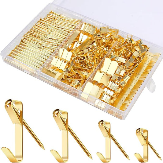304 Pieces Picture Hanging Kit, 10lb, 30lb, 50lb and 100lb Picture Hangers, Metal Picture Hanging Hooks with Nails, on Drywall, Wooden Wall(Gold)