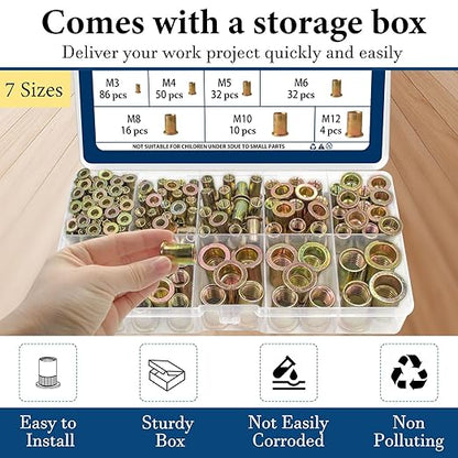 Metric Rivet Nut Assortment Kit(230 Pcs), M3 M4 M5 M6 M8 M10 M12 Flat Head Rivnut Set,Zinc Plated Finish Carbon Steel Nutsert