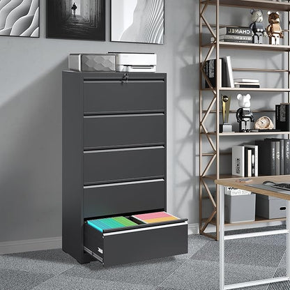 File Cabinets 5 Drawer,Metal Office Storage Filing Cabinet with Lock,White Lateral Filing Cabinet for Home Office,Horizontal Locking File Cabinet for Legal/Letter/A4,Assembly Require,Black
