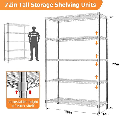 Storage Shelves Heavy Duty, 36" L x 14" W x 72" H Garage Wire Shelving Unit Loads 1750LBS, 5-Tier Adjustable Metal Industrial Utility Shelf Rack for Kitchen, Laundry Room, Pantry, Warehouse, Basement